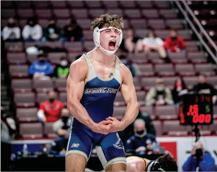  ?? NATE HECKENBERG­ER - FOR MEDIANEWS GROUP ?? Spring-Ford’s Joey Milano lets out a roar after becoming the school’s first state champion with a 15-5win over Hampton’s Justin Hart.