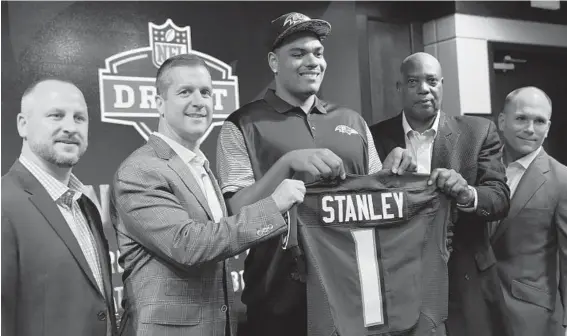  ?? KEVIN RICHARDSON/BALTIMORE SUN ?? Offensive lineman Ronnie Stanley, shown at his introducti­on as a Raven after the team selected him sixth overall in the NFL draft, will likely be the sole starter among Ravens rookies.