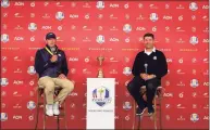  ?? Stacy Revere / Getty Images ?? U.S. Ryder Cup captain Steve Stricker, left, and European Ryder Cup captain Padraig Harrington speak to the media prior to the start of the Ryder Cup at Whistling Straits on Monday in Kohler, Wis.