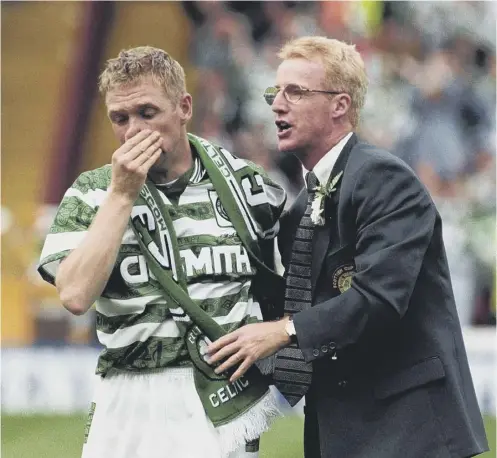  ??  ?? 0 An emotional Peter Grant with Tommy Burns after Celtic’s 1995 Scottish Cup final win. Inset below, former captain Paul Mcstay.