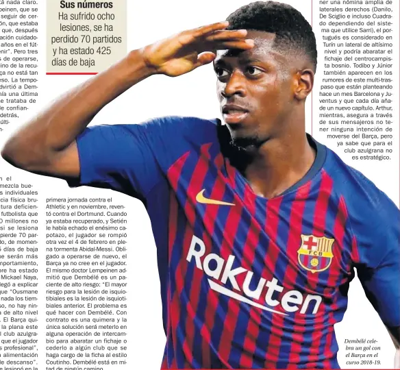  ??  ?? Dembélé celebra un gol con el Barça en el curso 2018-19.