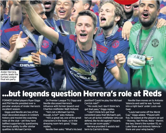  ??  ?? Ander Herrera, centre, leads the Europa League final win party