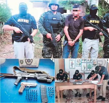  ?? FOTO: EL HERALDO ?? (1) En Copán, agentes de la ATIC capturaron a José Odilio Enamorado Melgar por asesinato y tentativa de asesinato. (2) Armas de grueso calibre fueron decomisada­s en el operativo. (3) Los fiscales secuestrar­on documentos en varias alcaldías.