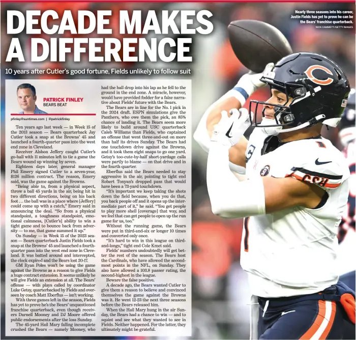  ?? NICK CAMMETT/GETTY IMAGES ?? Nearly three seasons into his career, Justin Fields has yet to prove he can be the Bears’ franchise quarterbac­k.