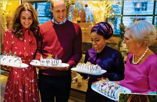  ??  ?? PIECE OF CAKE: Kate and William join Nadiya Hussain and Mary Berry, above, with their roulades decorated with chocolate swirls and mini Christmas trees. Right: The Duchess shows off her icing skills