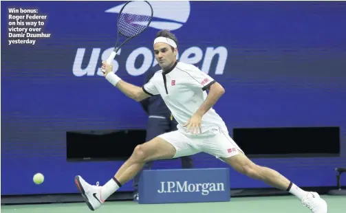  ??  ?? Win bonus: Roger Federer on his way to victory over Damir Dzumhur yesterday
