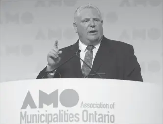  ?? ADRIAN WYLD THE CANADIAN PRESS ?? Premier Doug Ford speaks at the Associatio­ns of Municipali­ties Ontario conference in Ottawa on Monday.