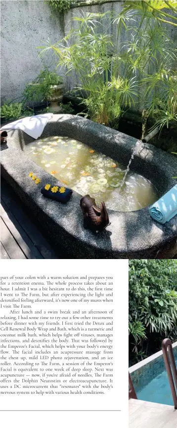  ??  ?? 1 Falls at the Farm 2 Therapeuti­c oil and tea bath, which uses ancient medicinal fermented herbs