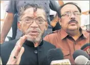  ?? HT PHOTO ?? Minister of state for labour and employment Santosh Kumar Gangwar and state BJP president Shwait Malik at a press conference in Jalandhar on Friday.