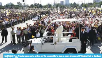  ??  ?? SANTIAGO: Pope Francis waves as he arrives on the popemobile to give an open-air mass at O’Higgins Park in Santiago yesterday.