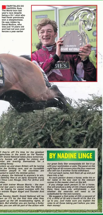  ??  ?? FAIRYTALES DO HAPPEN: Rule The World won last year’s race despite being a 33-1 shot who had never previously won a steeplecha­se. He was ridden by David Mullins, who was just 19 years old and had not won over fences a year earlier