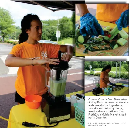  ?? PHOTOS BY MICHILEA PATTERSON — FOR MEDIANEWS GROUP ?? Chester County Food Bank intern Audrey Bova prepares cucumbers and several other ingredient­s to make a chilled soup during a recipe demonstrat­ion at the Fresh2You Mobile Market stop in North Coventry.