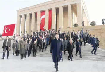  ?? — AFP ?? Turkey’s President Recep Tayyip Erdogan arrives to attend a ceremony marking the 78th death anniversar­y of Mustafa Kemal Ataturk at the mausoleum for Ataturk in Ankara on Friday.