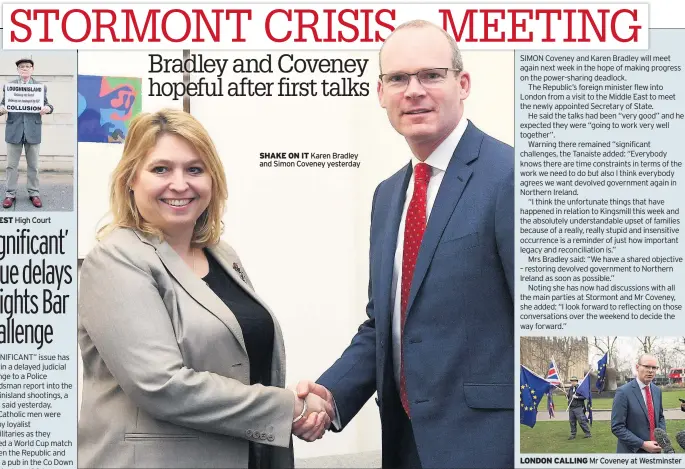  ??  ?? SHAKE ON IT Karen Bradley and Simon Coveney yesterday LONDON CALLING Mr Coveney at Westminste­r