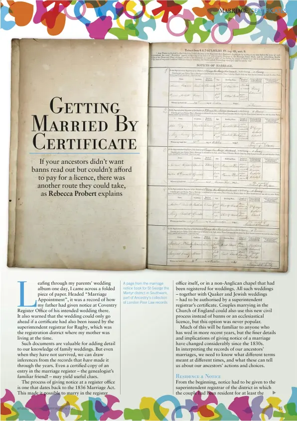  ??  ?? A page from the marriage notice book for St George the Martyr district in Southwark, part of Ancestry’s collection of London Poor Law records