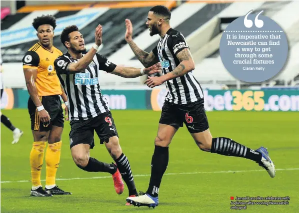  ??  ?? ■ Jamaal Lascelles celebrates with Joelinton after scoring Newcastle’s only goal
