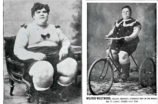  ??  ?? BELOW: The Peckham Prodigy as an ordinary man: Johnny and Florence Trunley, with stepson Reg riding pillion. ABOVE LEFT: The Hungarian Fat Boy, who was active in showbusine­ss from 1904 until 1907. ABOVE RIGHT: Wilfred Westwood, the New Zealand Fat Boy, riding a tricycle. He used to perform with an equally fat elder sister named Ruby, but she died of blood-poisoning after pricking her finger on a rose-thorn, and he carried on a solo career.