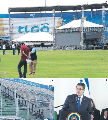  ?? FOTOS: EL HERALDO ?? 2 3 (1) Los preparativ­os para la toma de posesión del presidente Juan Orlando Hernández continuaro­n ayer en el Estadio Nacional. (2) En el sector de graderías ya se tienen delimitada­s las zonas donde estará ubicado el público que asista al evento. (3)...