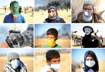  ??  ?? A combinatio­n picture shows Palestinia­n demonstrat­ors donning improvised face masks during a protest at the Israel-Gaza border in the southern Gaza Strip. — Reuters photo