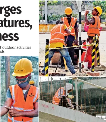  ?? ?? Many workers carry on in the heat. (Left) Constructi­on crew member Sudarshan showing his sweat rashes. Pix by Eshan Fernando