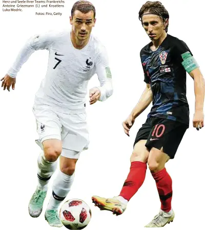  ??  ?? Herz und Seele ihrer Teams: Frankreich­s Antoine Griezmann (l.) und Kroatiens Luka Modric. Fotos: Firo, Getty