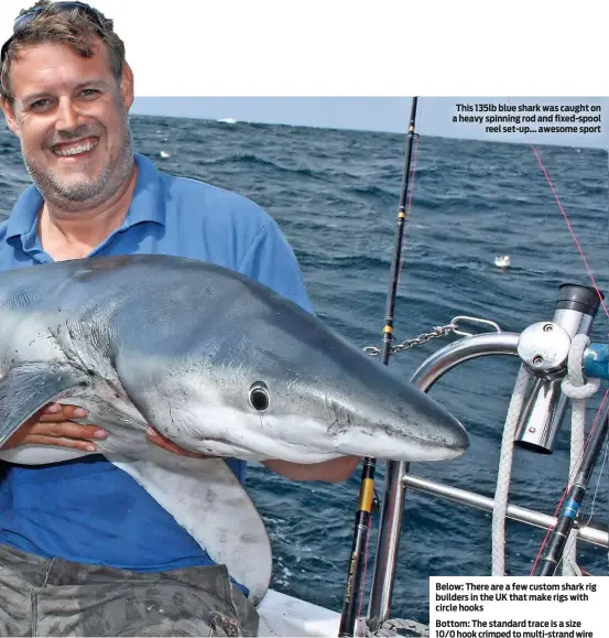 ??  ?? This 135lb blue shark was caught on a heavy spinning rod and fixed-spool reel set-up... awesome sport Below: There are a few custom shark rig builders in the UK that make rigs with circle hooksBotto­m: The standard trace is a size 10/0 hook crimped to multi-strand wire