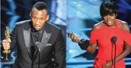  ?? | KEVINWINTE­R/ GETTY IMAGES PHOTO ?? CLOCKWISEF­ROMTOP: “La La Land” producer Jordan Horowitz hands over the best picture award to “Moonlight” writer/ director Barry Jenkins ( front). Viola Davis accepts the best supporting actressOsc­ar. Mahershala Ali accepts best supporting actor award.