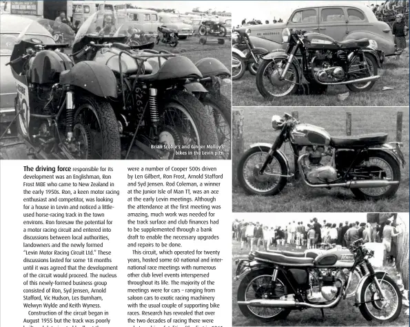  ??  ?? Brian Scobie’s and Ginger Molloy’s bikes in the Levin pits. ABOVE BSA advertisem­ent applauding Harry Hinton’s success in 1937. LEFT Harry Hinton corners his BSA in 1938. BELOW The infamous Robin Hood Inn opposite Blacktown railway station. ABOVE ‘Sixties spectator craft. BELOW Gordon Skilton’s outfit at Levin – a long stroke Norton engine in a 7R AJS chassis.