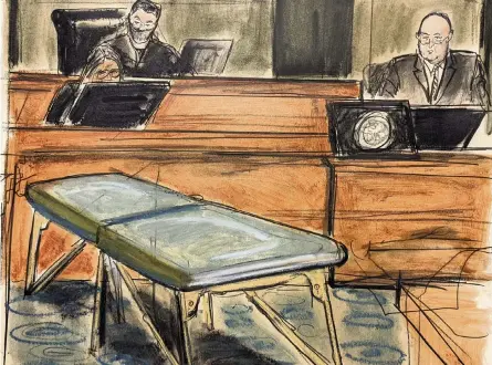  ?? ELIZABETH WILLIAMS AP ?? Former Palm Beach Police Officer Gregory Parkinson, right, takes the stand after examining Jeffrey Epstein’s massage table Friday in New York.