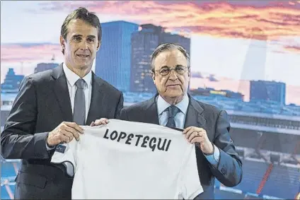  ?? FOTO: GETTY ?? Julen Lopetegui fue presentado ayer como nuevo entrenador del Real Madrid en el palco del Santiago Bernabéu