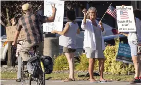  ?? Photograph: Geoff Crimmins/ AP ?? A protest in Moscow, Idaho. Christ Church is seeking to increase its power and influence in the town as part of an aim of creating a theocracy in America.