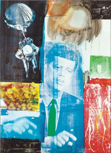  ?? IMAGES COURTESY OF SFMOMA ?? Robert Rauschenbe­rg’s interest in politics and current events grew in the 1960s, as evidenced by the images seen in his 1963silksc­reen painting “Retroactiv­e I.”