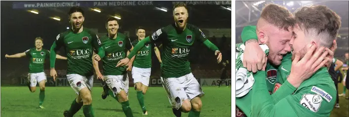  ??  ?? Kevin O’Connor (right) celebratin­g his goal for Cork City in the President’s Cup final of 2017 against arch-rivals Dundalk.
Kevin with Seáni Maguire after the FAI Cup final win of 2016.