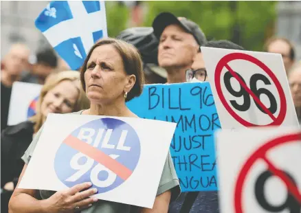  ?? CHRISTINNE MUSCHI / REUTERS ?? Opponents of Quebec's new French-language law, Bill 96 which pre-emptively invokes the notwithsta­nding, protest on Thursday.