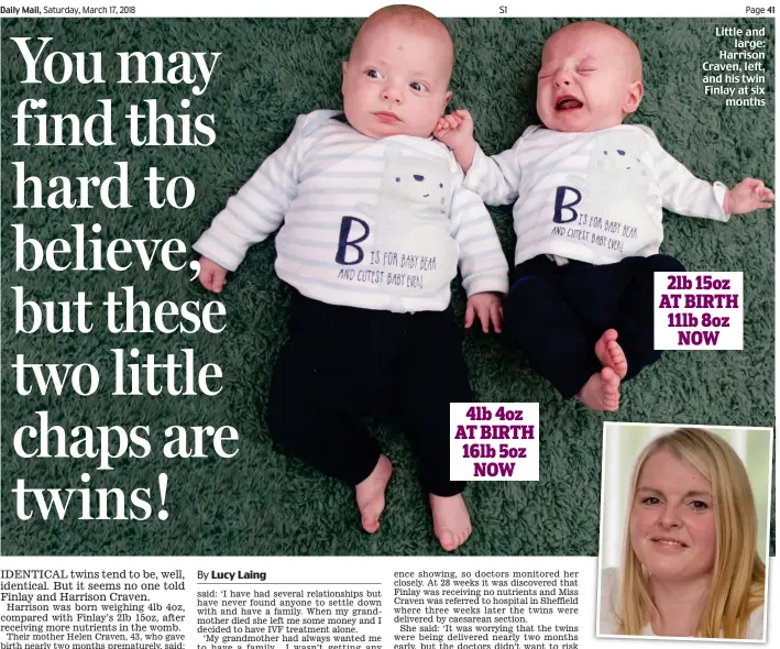  ??  ?? Mother: Helen had IVF treatment Little and large: Harrison Craven, left, and his twin Finlay at six months 2lb 15oz AT BIRTH 11lb 8oz NOW 4lb 4oz AT BIRTH 16lb 5oz NOW
