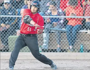  ?? WBSC FASTPITCH CHAMPIONSH­IP PHOTO/MADDY FLANAGAN ?? In this July 8, 2017 file photo, Ryan Boland of Goulds raps out a hit for Team Canada in a win over Argentina at the WBSC world men’s fastpitch championsh­ip in Whitehorse, Yukon. Boland, who is a veteran catcher for the Canadian senior men’s team, was...