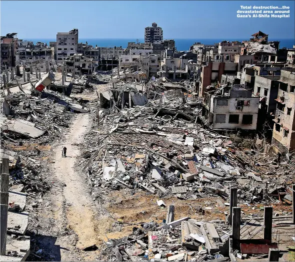  ?? ?? Total destructio­n...the devastated area around Gaza’s Al-Shifa Hospital