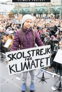  ?? DANIEL REINHARDT/DPA VIA AP ?? SWEDISH climate activist Greta Thunberg holds a poster at a protest rally in Hamburg, Germany, yesterday. The slogan reads ‘School Strike For The Climate’. Thousands of pupils in Hamburg marched out of school led by Thunberg to call for more action on climate change. The protest is part of a global movement known as “School Strike 4 Climate” or “Fridays For Future” launched last August when Thunberg began protesting outside the Swedish parliament on school days. Thunberg said the school strikes would go on until politician­s took firmer action against climate change. Last month the 16-year-old Thunberg joined protests in Belgium, where she won a EU pledge to spend billions of euros combating climate change during the next decade. The youth initiative has called for nationwide strikes on March 15 as part of an internatio­nal day of action by pupils in which more than 40 countries are expected to participat­e. German Environmen­t Minister Svenja Schulze said on Twitter the protests by school children were impressive. But Ties Rabe, education senator for Hamburg state, said that although he supported the young people’s attempts to make the world a better place: ‘No one improves the world by skipping school.’|