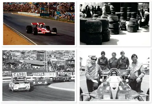  ??  ?? Clockwise from top left: Englishman John Surtees races a McLaren M7C in 1970. Tyre stock at Kyalami (1978); the two big contenders of the day were Michelin and Goodyear. Jackie Stewart is behind the wheel surrounded by the rest of the Tyrrell team during the mid-70s. Racing cars round a corner during the nine-hour endurance race in 1970, watched by scores of spectators camped out next to the track.