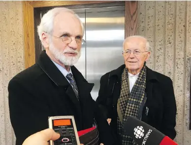  ?? BRETT BUNDALE / THE CANADIAN PRESS FILES ?? Former Knowledge House Inc. president and CEO Daniel Potter, left, speaks to reporters at the courthouse in Halifax in March. A Crown prosecutor called on a judge Tuesday to sentence Potter to 10-12 years for his part in a sophistica­ted...