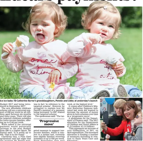  ??  ?? Ice ice baby: TD Catherine Byrne’s granddaugh­ters, Pennie and Libby at yesterday’s launch Ms Madigan with sons Daniel and Luke