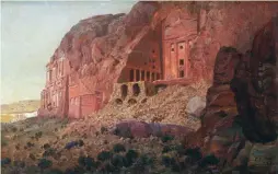  ??  ?? Frederic E. Church (1826-1900), The Urn Tomb, Silk Tomb, and Corinthian Tomb, Petra, 1868. Oil and graphite on paper mounted on canvas, 13 x 201⁄8 in. New York State Office of Parks, Recreation, and Historic Preservati­on, Olana State Historic Site,...