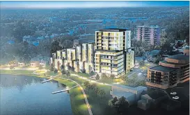 ??  ?? A concept for a proposed 100-unit condominiu­m redevelopm­ent for Crescent Street on Little Lake near the Art Gallery of Peterborou­gh.