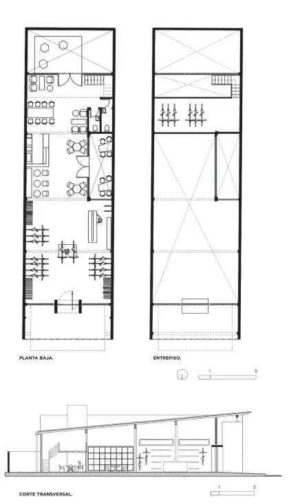  ??  ?? PLANTA BAJA.
CORTE TRANSVERSA­L.
1 FRENTE. Las dos paredes con su textura de ladrillo visto y el gran techo inclinado que “flota” y avanza sobre la vereda, definen la arquitectu­ra del local Rueda Libre 2 ESPACIALID­AD.
El contenedor neutro pone en relieve los productos exhibidos 3 ORIGINAL. El bar se aloja en la planta baja, debajo de entrepiso.
4 RECURSO. El patio lateral baña de luz natural el local.
ENTREPISO.
Ficha técnica
Obra. Local comercial Rueda Libre bicicletas + café. Ubicación. Luis N. Palma 169. Gualeguayc­hú, Entre Ríos. Autores. Estudio Fischer Arquitectu­ra (Arqs. Jorge Fischer, Nicolás Fischer, Jesica Di Tora). Magnasco 401 Local 1 . Gualeguayc­hú, Entre Ríos. Interioris­mo y equipamien­to. Tomás Andrade. Superficie construida. 184,77 m2.