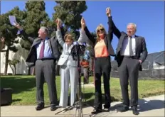  ?? Brian Melley/Associated Press ?? Judy Huth, second from right, celebrates victory in her civil suit against Bill Cosby with her attorney, from left, John West, Gloria Allred and Nathan Goldberg on Tuesday outside the Santa Monica Courthouse in Calif.