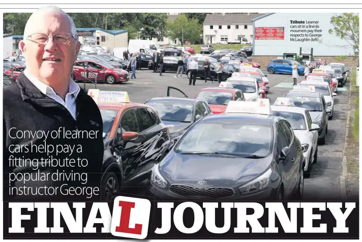  ??  ?? Tribute Learner cars sit in a line as mourners pay their respects to George McLaughlin (left)