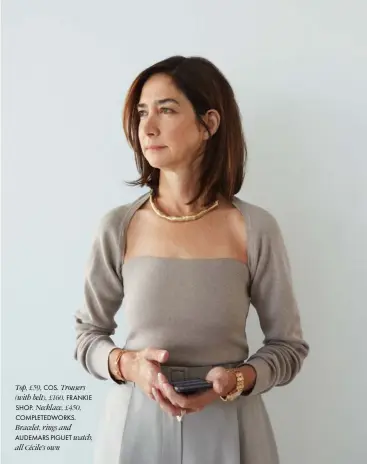  ??  ?? Top, £59, COS. Trousers (with belt), £160, FRANKIE SHOP. Necklace, £450, COMPLETEDW­ORKS.
Bracelet, rings and AUDEMARS PIGUET watch, all Cécile’s own