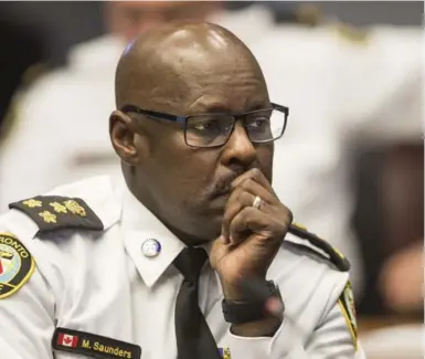  ?? BERNARD WEIL/TORONTO STAR ?? Toronto police Chief Mark Saunders attends a meeting on police carding. Desmond Cole writes that we must expose the reality that interventi­on by force is the government’s answer to practicall­y every issue in Toronto’s black communitie­s.