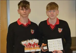  ??  ?? Scoil Nua an Leith Truigh, Castlegreg­roy Transition Year students Cian Wall (left), from Derrymore, and Cian O’Grady, from Cloghane, with their Bee & Sea Lollipops which are retailing in Castlegreg­ory, Camp and Tralee