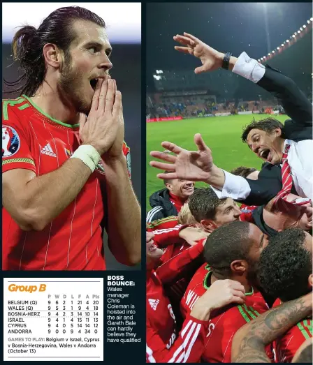  ??  ?? BOSS BOUNCE: Wales manager Chris Coleman is hoisted into the air and Gareth Bale can hardly believe they have qualified